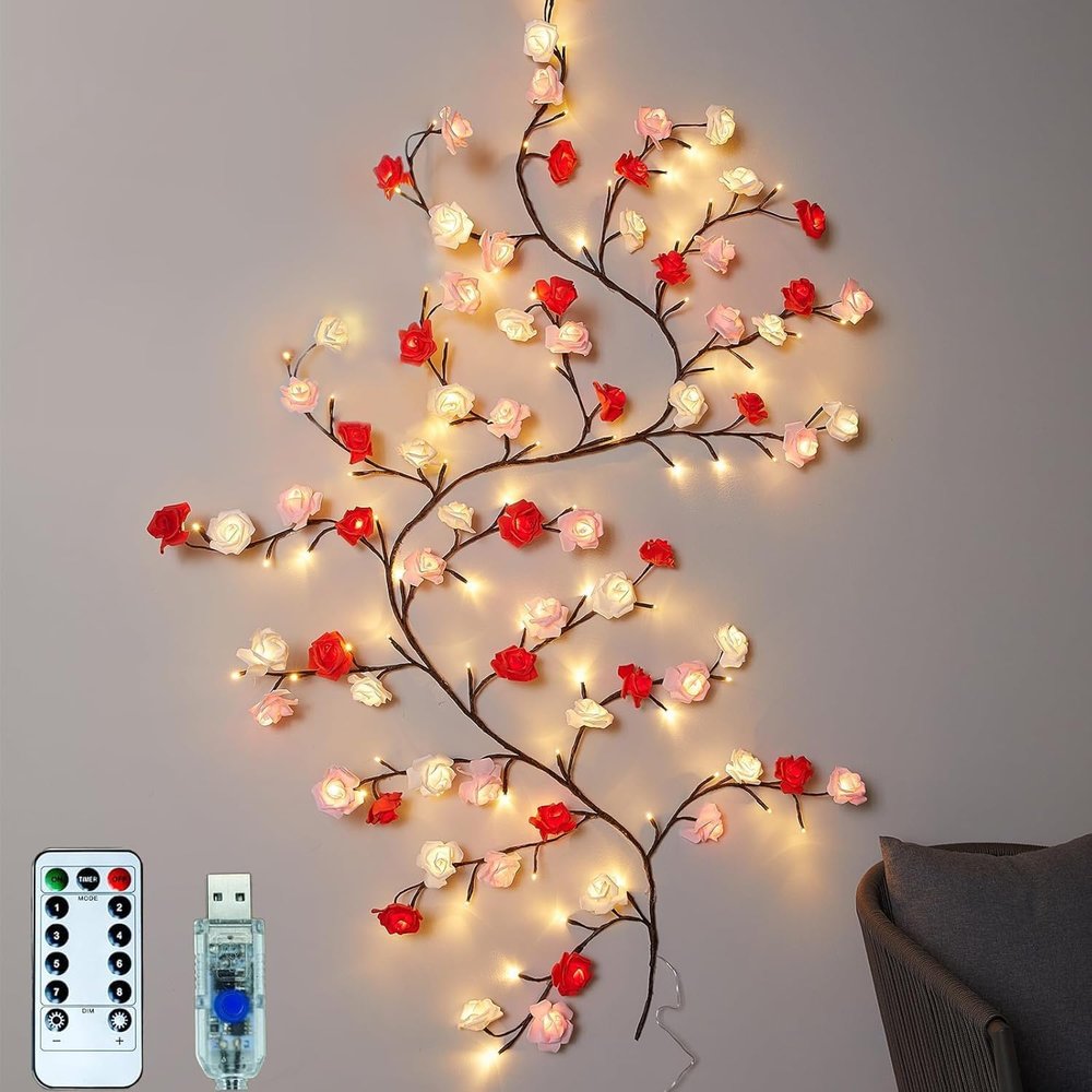 BomKra Rose LED Tree Branch Lights for Wall, Rose Flower Willow Vine Twig Decor Garland with 72 LED Lights and Remote,8 Lighting Modes,Christmas Decorations Indoor for Home Wall Door Window (63inch)
