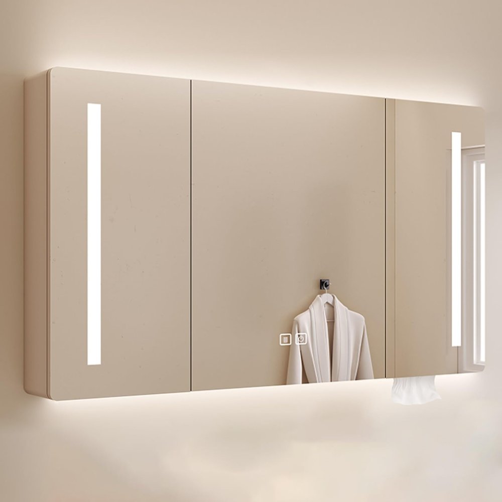 Oak bathroom medicine cabinets with HD mirror,bathroom vanity mirror with led lights and storage,smart mirror medicine with anti fog,Wall Mount Mirror Cabinet with Touch Switch,Paper Hole(Brown,100*13