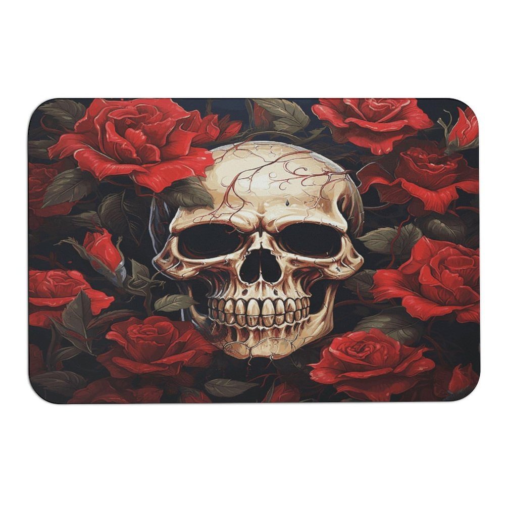BFGWK Stone Bath Mat Diatomaceous Earth Bath Mat Quick-Dry Absorb Water Skull Rose-Red Printing Bathroom Mats for Bathroom Guest Room