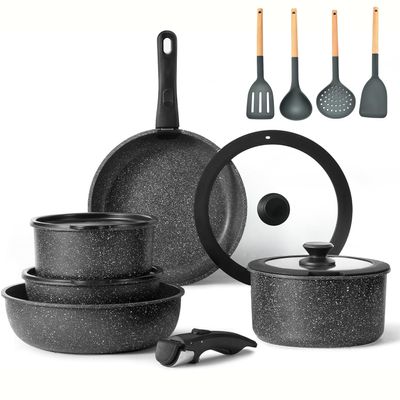 11Pcs Pots And Pans Set Non Stick, Cookware Sets with Detachable Handle, Nonstick RV Kitchen Cooking Set Removable Handles, Oven Safe, Induction Fast Stackable