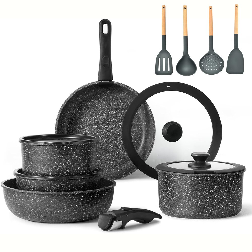 11Pcs Pots And Pans Set Non Stick, Cookware Sets with Detachable Handle, Nonstick RV Kitchen Cooking Set Removable Handles, Oven Safe, Induction Fast Stackable