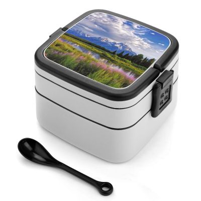 HJKBCV Bento Box Adult Grand Teton National Park Double Layer Stackable Lunch Box Leak-Proof Box with Portable Food Storage Utensil Set Lunch Box for Dining Work Picnic