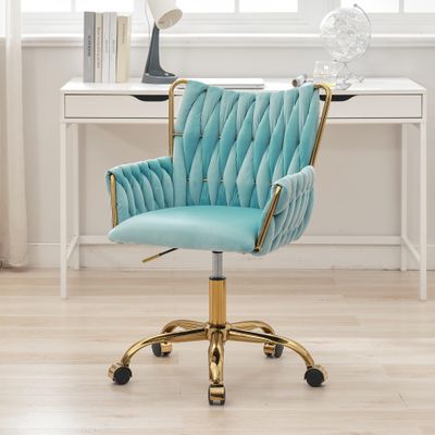ABET Velvet Desk Chair with Wheels, Cute Upholstered Swivel Office Chair, Modern Gold Rolling Hand Woven Height Adjustable Armchair for Women Girls Home Makeup, Vanity, Nail Salon, Light Blue