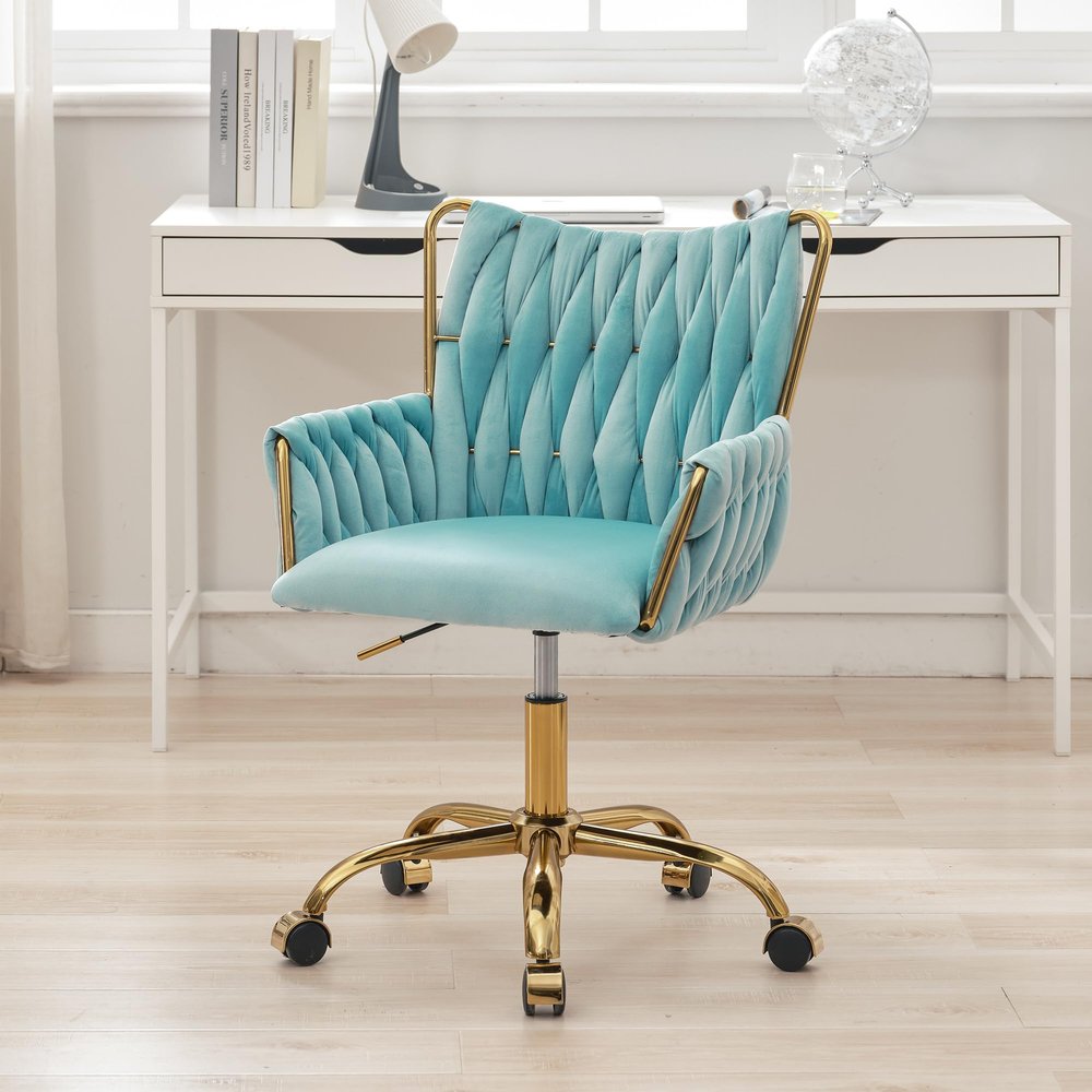 ABET Velvet Desk Chair with Wheels, Cute Upholstered Swivel Office Chair, Modern Gold Rolling Hand Woven Height Adjustable Armchair for Women Girls Home Makeup, Vanity, Nail Salon, Light Blue
