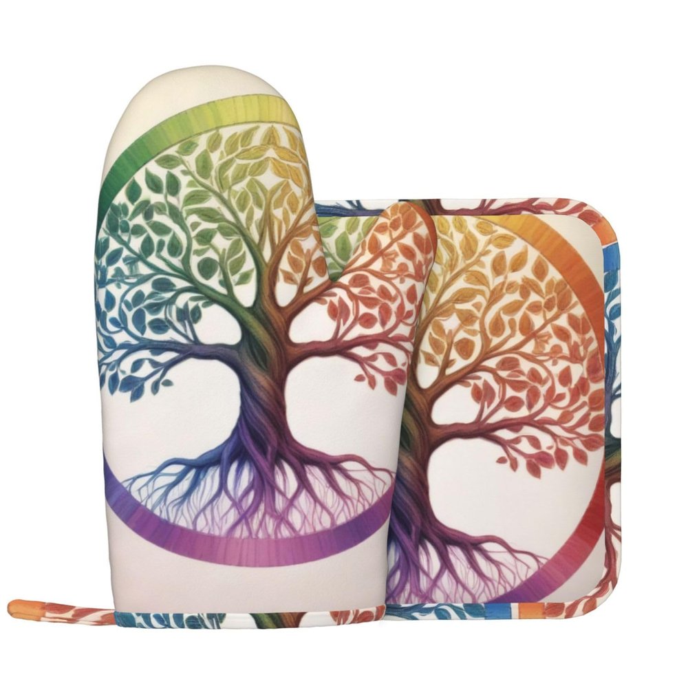 Rainbow Tree of Life Print Oven Mitts Pot Holders,Silicone Kitchen Cooking Silicone Non-Slip Surface for Baking and Cooking 2Pcs