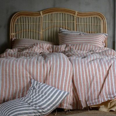 Washed Linen Blue Vertical Stripes Duvet Cover Set 4Pcs Soft Breathable Bedding Set 1Bed Sheet 2 Pillowshams(Natural Linen),Bed