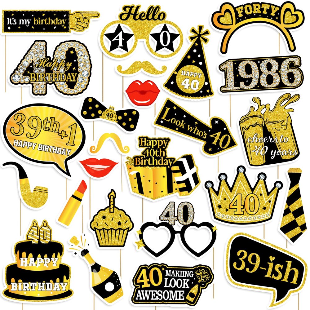 40th Birthday Photo Booth Props for Women & Men, Black Gold Adult 40th Birthday Photo Booth Props, Cheers to Forty Birthday Photo Props Decor, Funny Forty Birthday Party Supplies