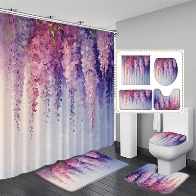 4 Pcs Purple Floral Shower Curtain Set Rustic Wisteria Lavender Flower Vine Country Farmhouse Plants Spring Garden Flowers Abstract Art Bathroom Decor Bath Mat Toilet Cover Mat U Mat with 12 Hooks