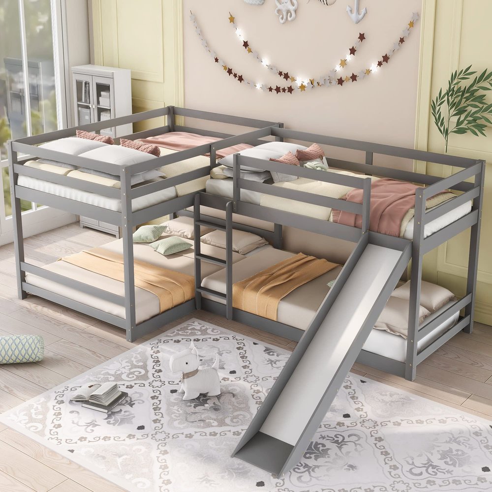 FocusOnHome Full and Twin Size L-Shaped Bunk Bed with Slide and Short Ladder,Gray