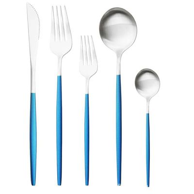 5/20/30/40/50/60pcs Champagne Gold Stainless Steel Cutlery Set Portuguese Matte Cutlery Tea Spoon(Blue Silver,1Set-5Pcs)