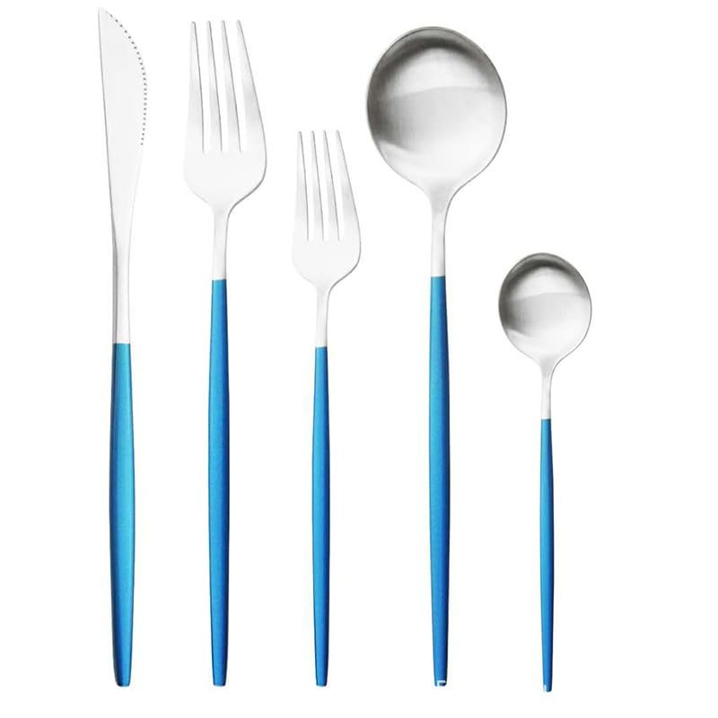 5/20/30/40/50/60pcs Champagne Gold Stainless Steel Cutlery Set Portuguese Matte Cutlery Tea Spoon(Blue Silver,1Set-5Pcs)
