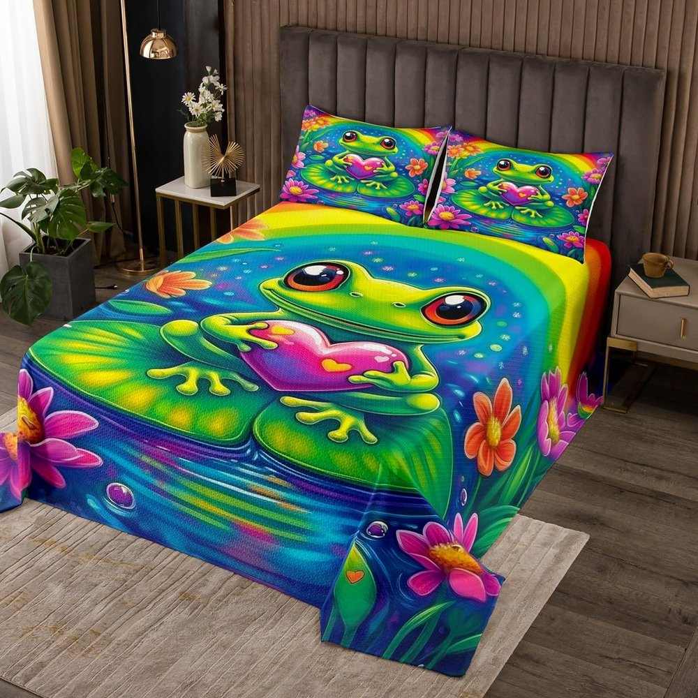 3 Piece Green Frog Quilt Bedding Set Women Aldult Lightweight Bedding Pink Lotus Flower Bedspread Set Rainbow Bedspread Coverlet Soft Microfiber Home Quilt Set for King Bed All Season