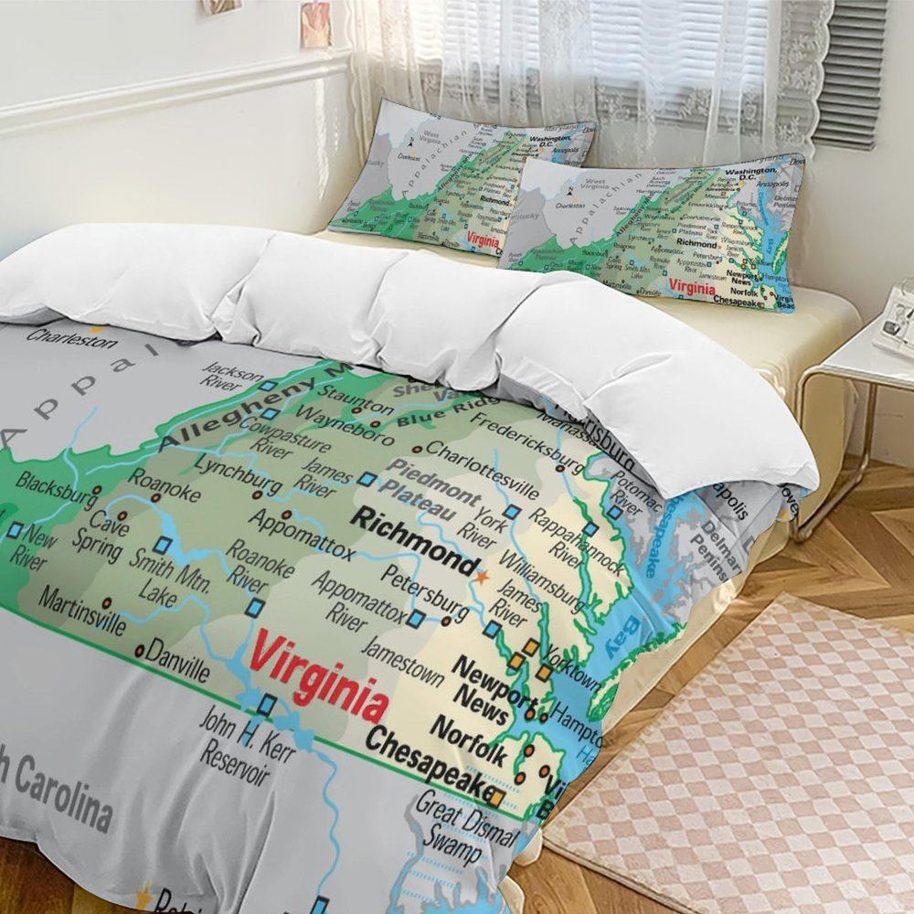 Puxufody Maps of Virginia Bedspread Bedding Set with 2 Pillowcases, Seasons 90"x90"