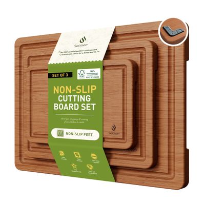 3 Packs Bamboo Cutting Board Set with Non Slip Feet and Over Sink Nice Solid Thick Wood Juice Groove Chopping Board Extra Large Big Small Best Hardwood Kitchen Counter Organic Vegetable