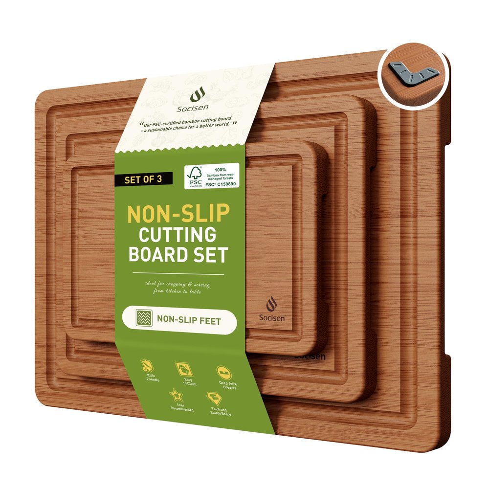 3 Packs Bamboo Cutting Board Set with Non Slip Feet and Over Sink Nice Solid Thick Wood Juice Groove Chopping Board Extra Large Big Small Best Hardwood Kitchen Counter Organic Vegetable