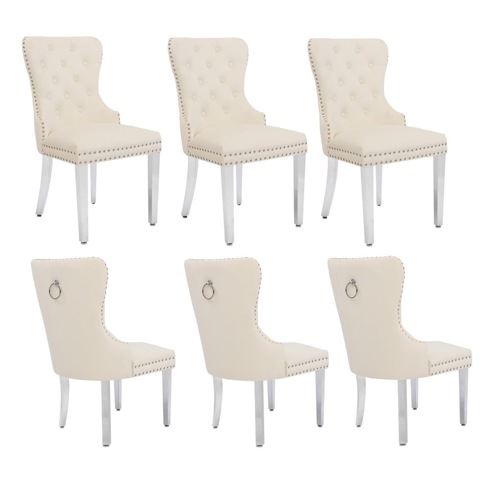 adochr Velvet Dining Chairs Set of 6, Tufted Upholstered Dining Room Chair with Pull Ring and Stainless Steel Legs, Beige