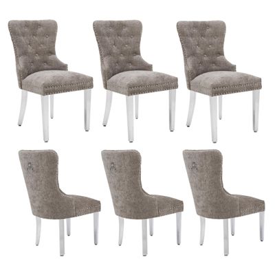 adochr Velvet Chenille Dining Chairs Set of 6, Tufted Upholstered Dining Room Chair with Pull Ring and Stainless Steel Legs, Light Grey