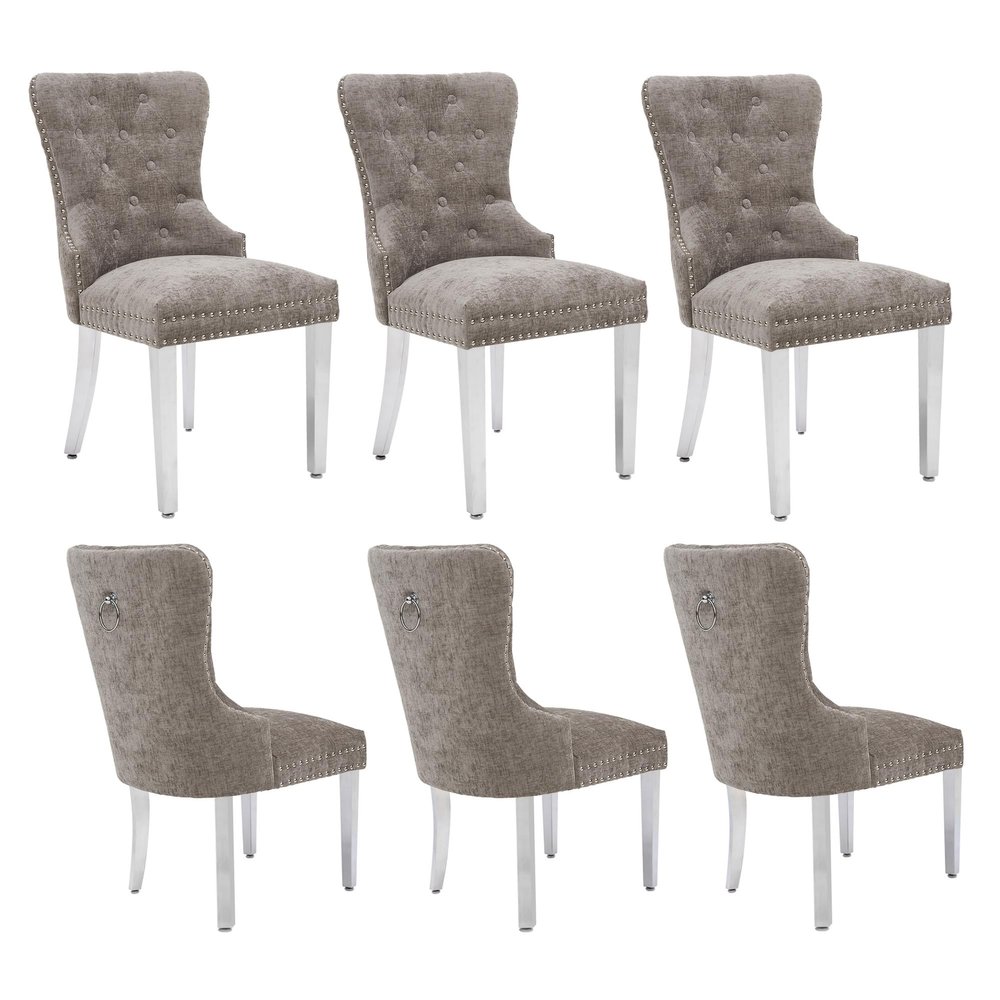 adochr Velvet Chenille Dining Chairs Set of 6, Tufted Upholstered Dining Room Chair with Pull Ring and Stainless Steel Legs, Light Grey