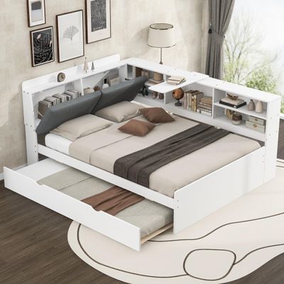 DaiNNCN L-Shaped Full Size Daybed with Openable Upholstered Storage Headboard and Rotatable Table,Captains Corner Bed with Trundle and Bookcase,Sofa Bed for Living Room,White