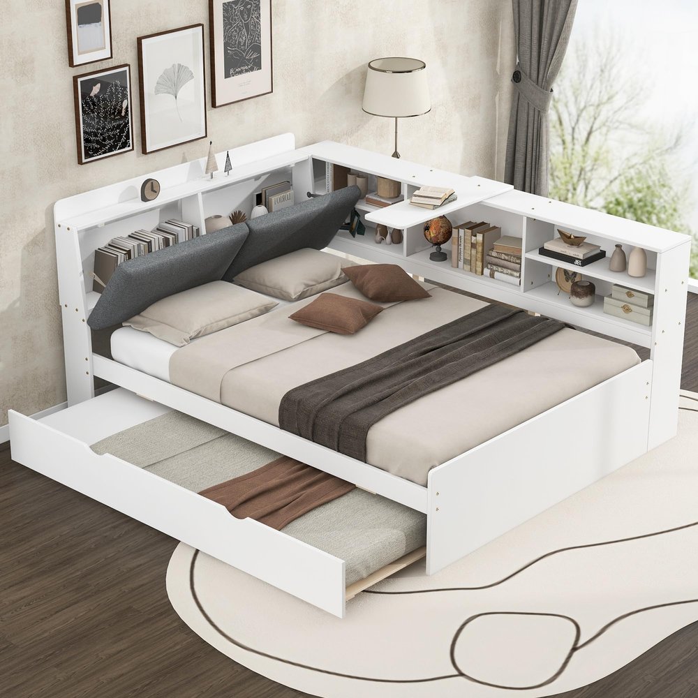 DaiNNCN L-Shaped Full Size Daybed with Openable Upholstered Storage Headboard and Rotatable Table,Captains Corner Bed with Trundle and Bookcase,Sofa Bed for Living Room,White