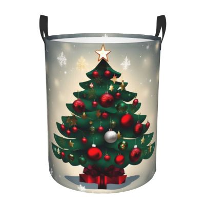 Bedroom clothes storage basket with handles, Christmas Gift Tree portable storage laundry basket, round single-layer laundry basket