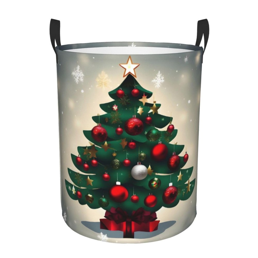Bedroom clothes storage basket with handles, Christmas Gift Tree portable storage laundry basket, round single-layer laundry basket