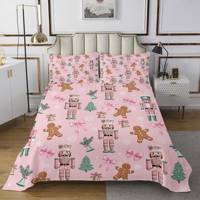 Pink Nutcracker Kids Bedspread Queen Size,Kawaii Bowknot Cute Gingerbread Coverlet Set,Girls Women Room Decor,Christmas Tree Snowflake Quilted Coverlet,Princess Dreamy Bedding Quilt,2 Pillowcases