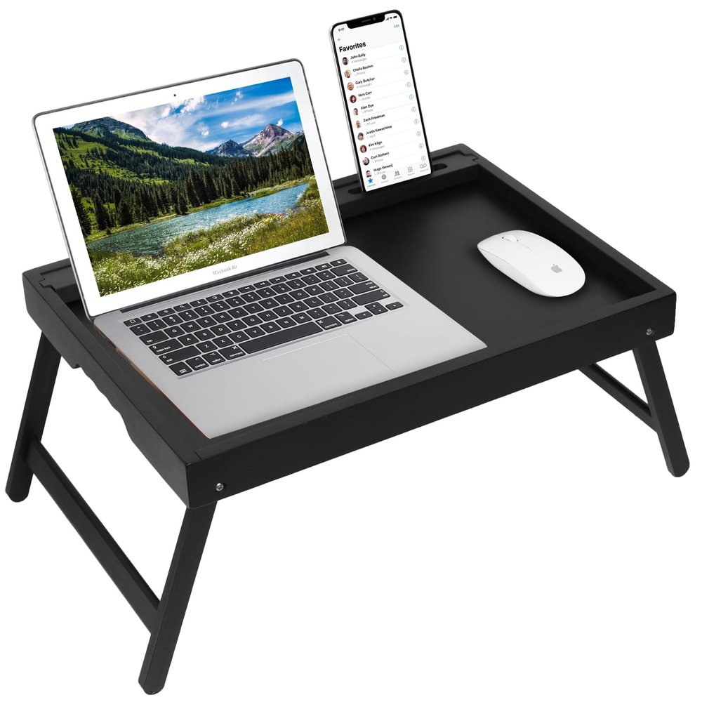 Artmeer X-Large Bamboo Bed Tray with Device Slot and Folding Legs, Black