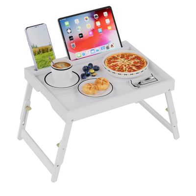 Artmeer Adjustable Bamboo Bed Tray Table with Device Slot, Large, White