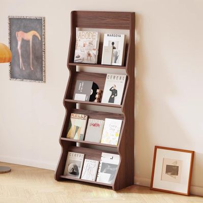 Oracra Magazine Holder 59 Inch Tall Standing Brochures Rack, Commercial Pamphlet Holder Display Stand with 4 Pockets, Bookshelf Pamphlet Organizer for Lobby, Library(Brown)