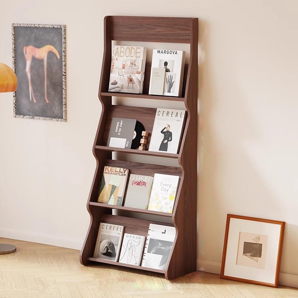 Oracra Magazine Holder 59 Inch Tall Standing Brochures Rack, Commercial Pamphlet Holder Display Stand with 4 Pockets, Bookshelf Pamphlet Organizer for Lobby, Library(Brown)