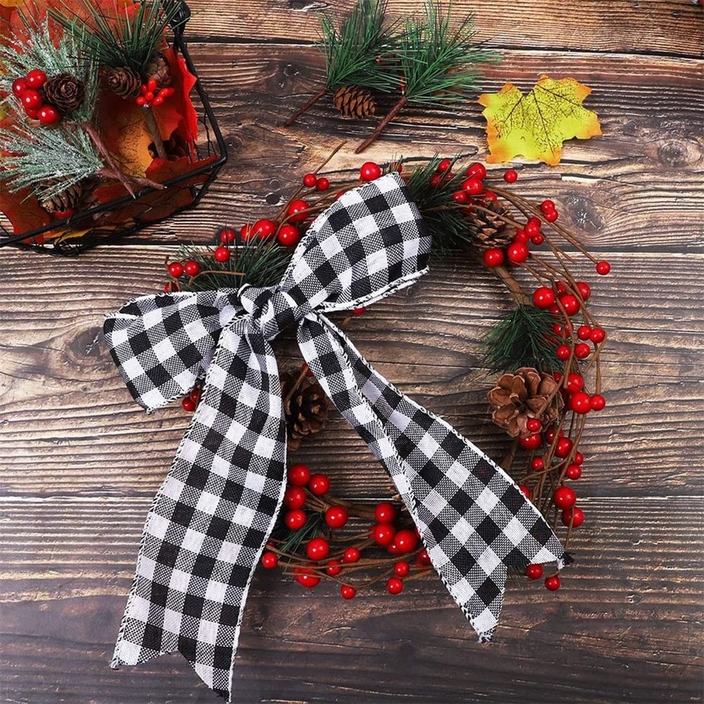 Christmas Ribbon, Black Red White Grid Burlap Ribbon, 2 Rolls 5cm Width x 5m Length, for Crafts, Wrapping, New Year Decorations, Wired Design