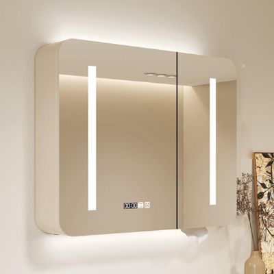 Led medicine cabinet with mirror,Modern Bathroom Storage Wall Cabinet ith Anti-Fog,Smart Vanity Mirror Cabinet with Three-color light,Bathroom Mirror Cabinet Time display,Beauty storage rack(Milk coff