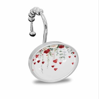Valentine's Day Shower Curtain Hooks, White Red Roses Love Heart 12PCS Shower Curtain Hooks Rings for Bathroom Stainless Steel Rust Shower Curtain Hangers