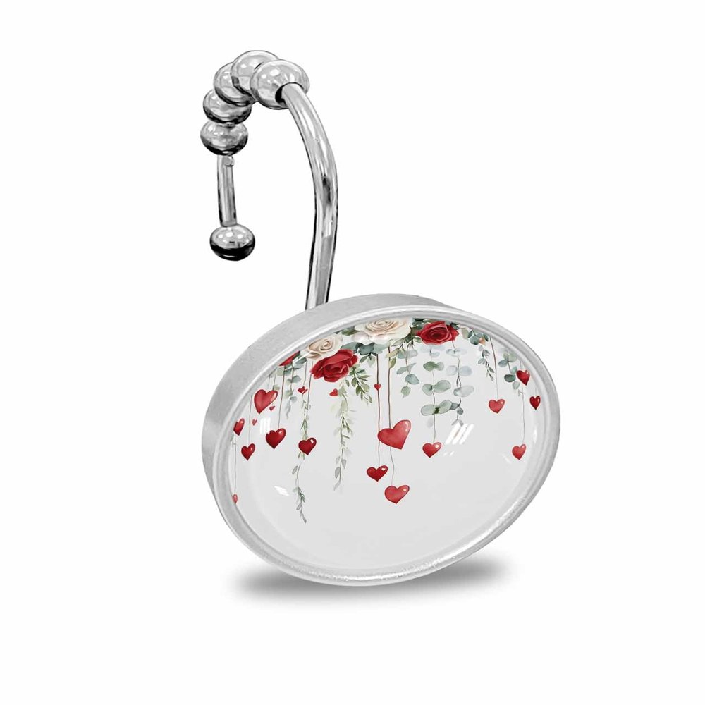 Valentine's Day Shower Curtain Hooks, White Red Roses Love Heart 12PCS Shower Curtain Hooks Rings for Bathroom Stainless Steel Rust Shower Curtain Hangers