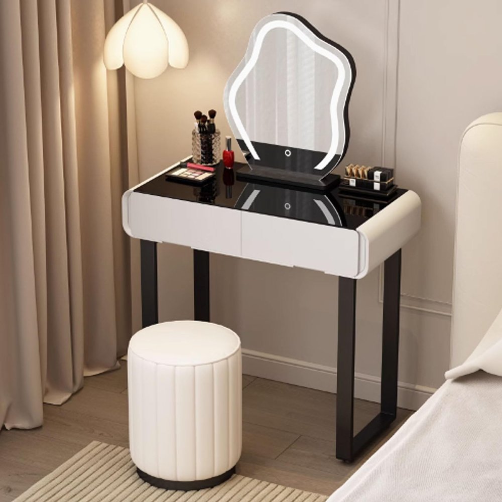 GUQASDV Makeup Vanity Desk, Make Up Vanity with Mirror, Vanity Set with Lights, Vanity Table and Chair Set White Tempered Glass + Wood for Makeup Studio(Round Stool,70x40x78cm)