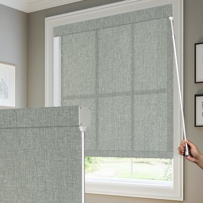 Elevique Light Filtering Roller Shades for Windows - Automatic Drop Roller Blinds with Telescopic Rod, Cordless, Thermal Insulated Linen Fabric Window Shades for Home,Office, Grey,75" W x 56" H
