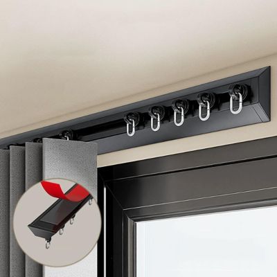 MZQMK No Drill Self Adhesive Curtain Track Ceiling Or Wall Mount, Ceiling Curtain Track, Adhesive Curtain Rod,Curtain Track Ceiling Mount(Side Black,2.9M/(9.5FT))
