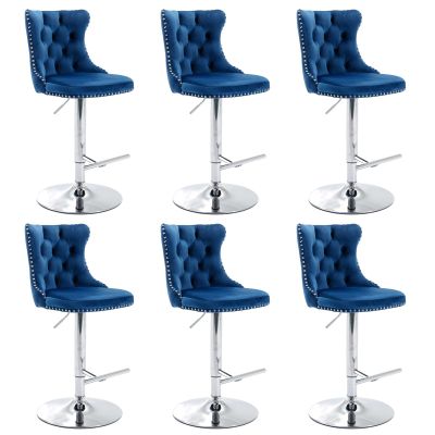 Adjustable Height Bar Stool Set of 6, Swivel Barstools with Tufted Back and Chrome Metal Base, Velvet Fabric Upholstered Bar Chairs for Kitchen Island and Pub Counter (Blue,6 Pcs)