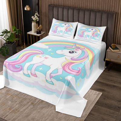 Feelyou Cute Unicorn Bedspread Twin Size Kids Dreamy Horse Rainbow Coverlet Set for Boys Girls Teens Glitter Quilted Coverlet Breathable Unicorn Quilted Cute Animal