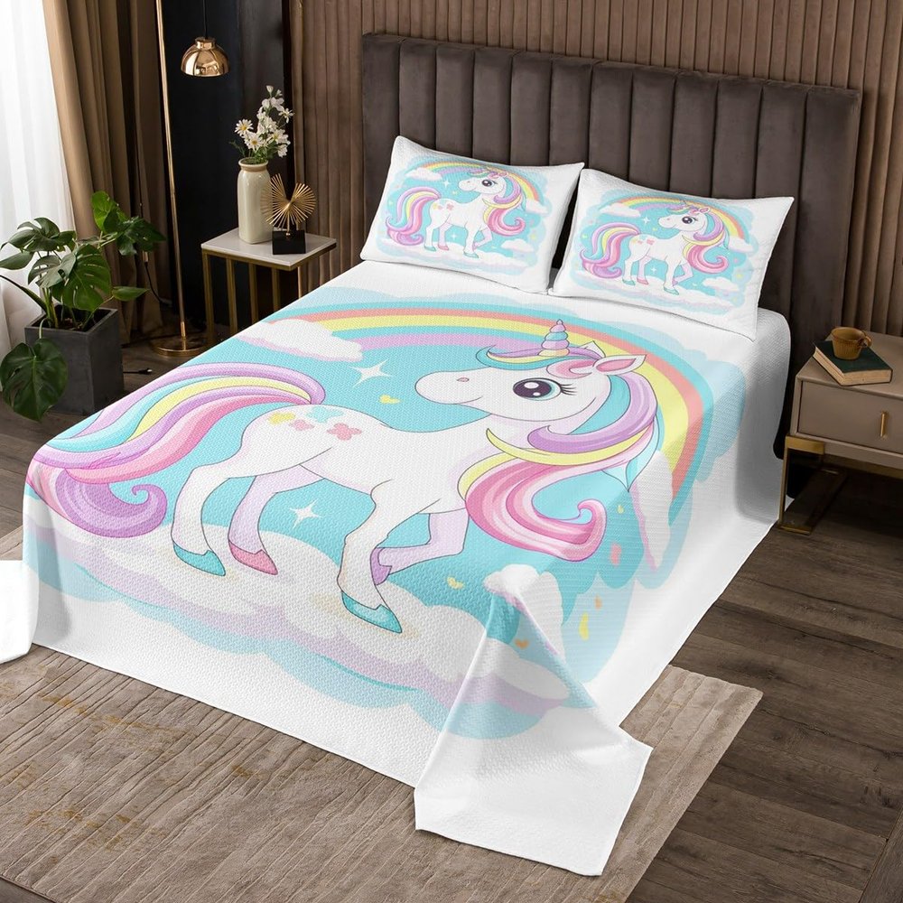 Feelyou Cute Unicorn Bedspread Twin Size Kids Dreamy Horse Rainbow Coverlet Set for Boys Girls Teens Glitter Quilted Coverlet Breathable Unicorn Quilted Cute Animal