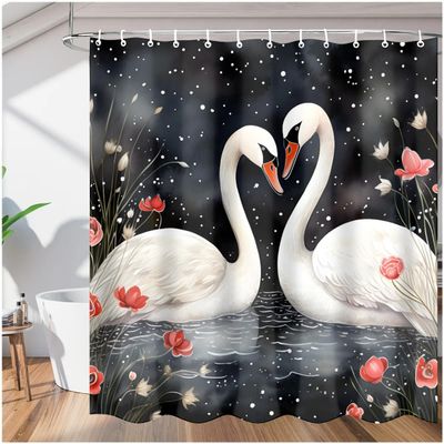 AGHESOTH White Swan Cocktail Shower Curtain Home Bathroom Decor Bath Curtains for Country Cottage Waterproof Fabric for Coastal Washable Home Office Farmhouse 66Lx72W Inch with Plastic 12PCS Hooks