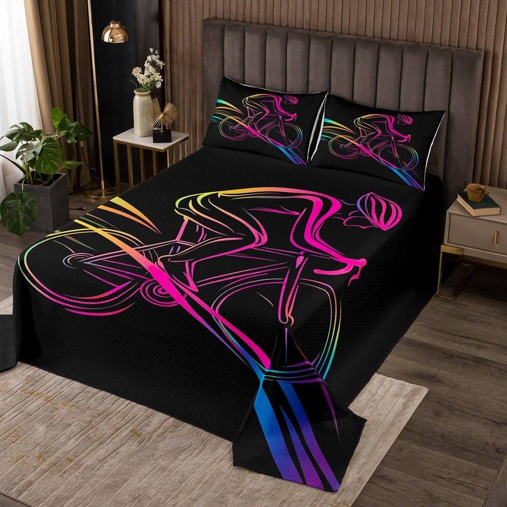 Feelyou Bicycle Rider Bedspread Twin Size Kids Light Bike Coverlet Set for Boys Girls Teens Extreme Sports Quilted Coverlet Breathable Racing Bicycle Rider Quilted Room Decor