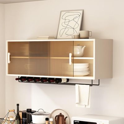 Wall Mounted Rubber Wood Medicine Cabinet with Glass Door, Sliding Pantry Storage Cabinet for Bathroom and Kitchen - Adjustable Shelves and Floating Display Stand