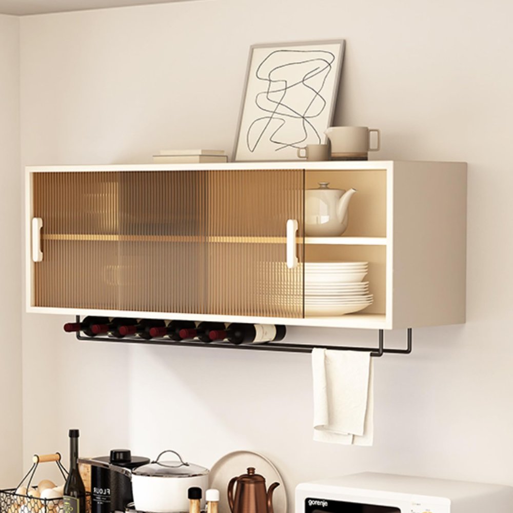 Wall Mounted Rubber Wood Medicine Cabinet with Glass Door, Sliding Pantry Storage Cabinet for Bathroom and Kitchen - Adjustable Shelves and Floating Display Stand