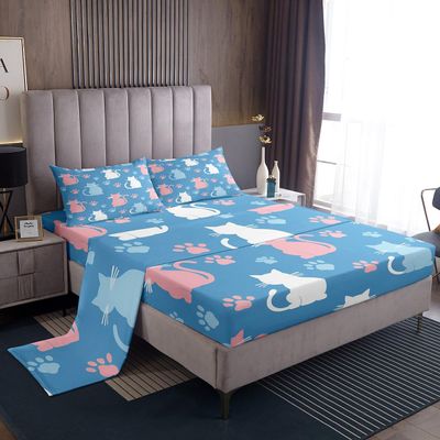 Feelyou Kawaii Cat Sheet Set Queen Size Kids Paw Print Bed Sheets Set for Boys Girls Teens Cute Kitten Sheets with Deep Pocket Fitted Sheet Breathable Cat Lover's Gift Bedding Set Animal