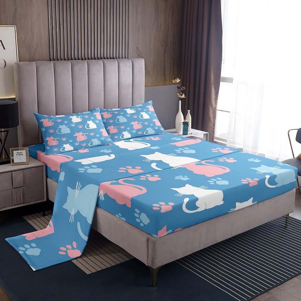 Feelyou Kawaii Cat Sheet Set Queen Size Kids Paw Print Bed Sheets Set for Boys Girls Teens Cute Kitten Sheets with Deep Pocket Fitted Sheet Breathable Cat Lover's Gift Bedding Set Animal
