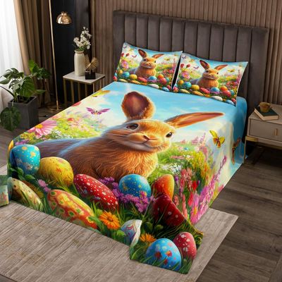 Cartoon Rabbit Kids Bedspread Queen Size,Watercolor Easter Eggs Daisy Flowers Coverlet Set,Boys Girls Room Decor,Cute Bunny Animal Rustic Quilted Coverlet,Green Bedding Quilt,2 Pillowcases