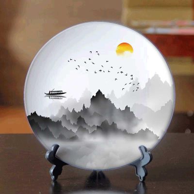Ink Sunrise Ceramic Decorative Plate Plate with display rack souvenir Suitable for living rooms, display cabinets, kitchens, dining rooms, and other places Size: 10