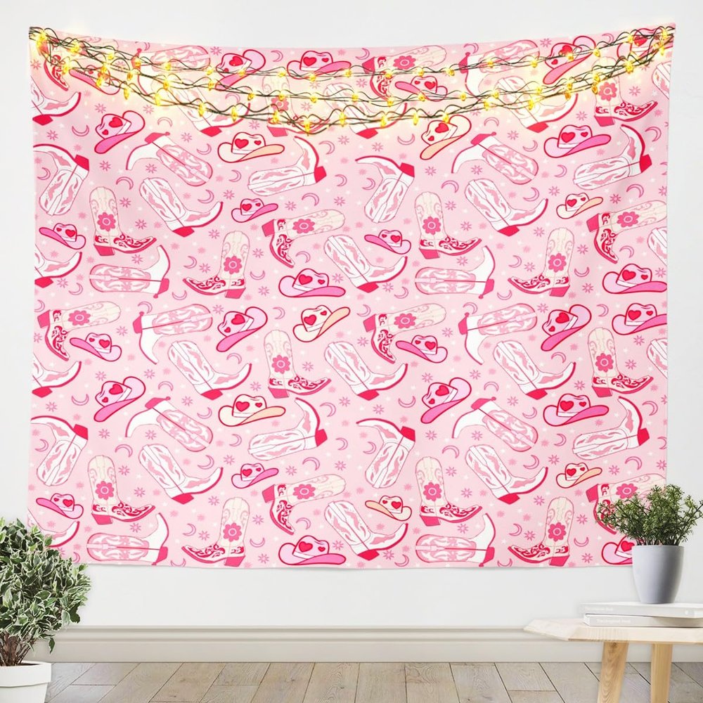 Feelyou Weatern Decor Tapestry for Kids Boys Girls Pink Howday Wall Blanket Medium 59"x59" Riding Boots Wall Hanging Farmhouse Cowboy Hat Wall Art Wild Western Cowboy Tapestries
